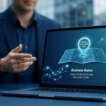 Un professionnel présente une landing page affichant une carte avec une épingle de géolocalisation sur un ordinateur portable.