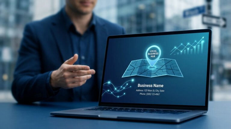 Un professionnel présente une landing page affichant une carte avec une épingle de géolocalisation sur un ordinateur portable.