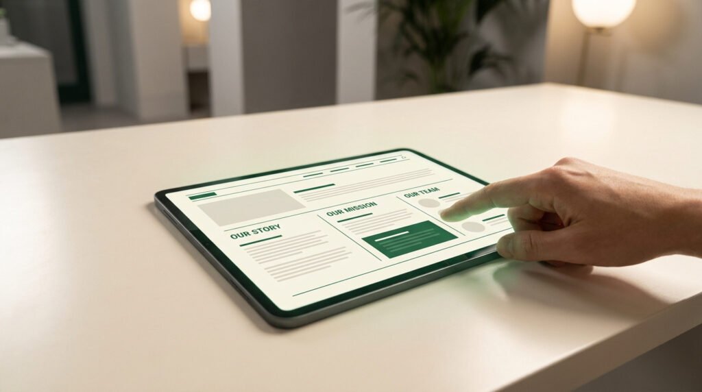 Main utilisant une tablette numérique pour naviguer sur la maquette d'une page web "À propos".