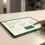 Main utilisant une tablette numérique pour naviguer sur la maquette d'une page web "À propos".