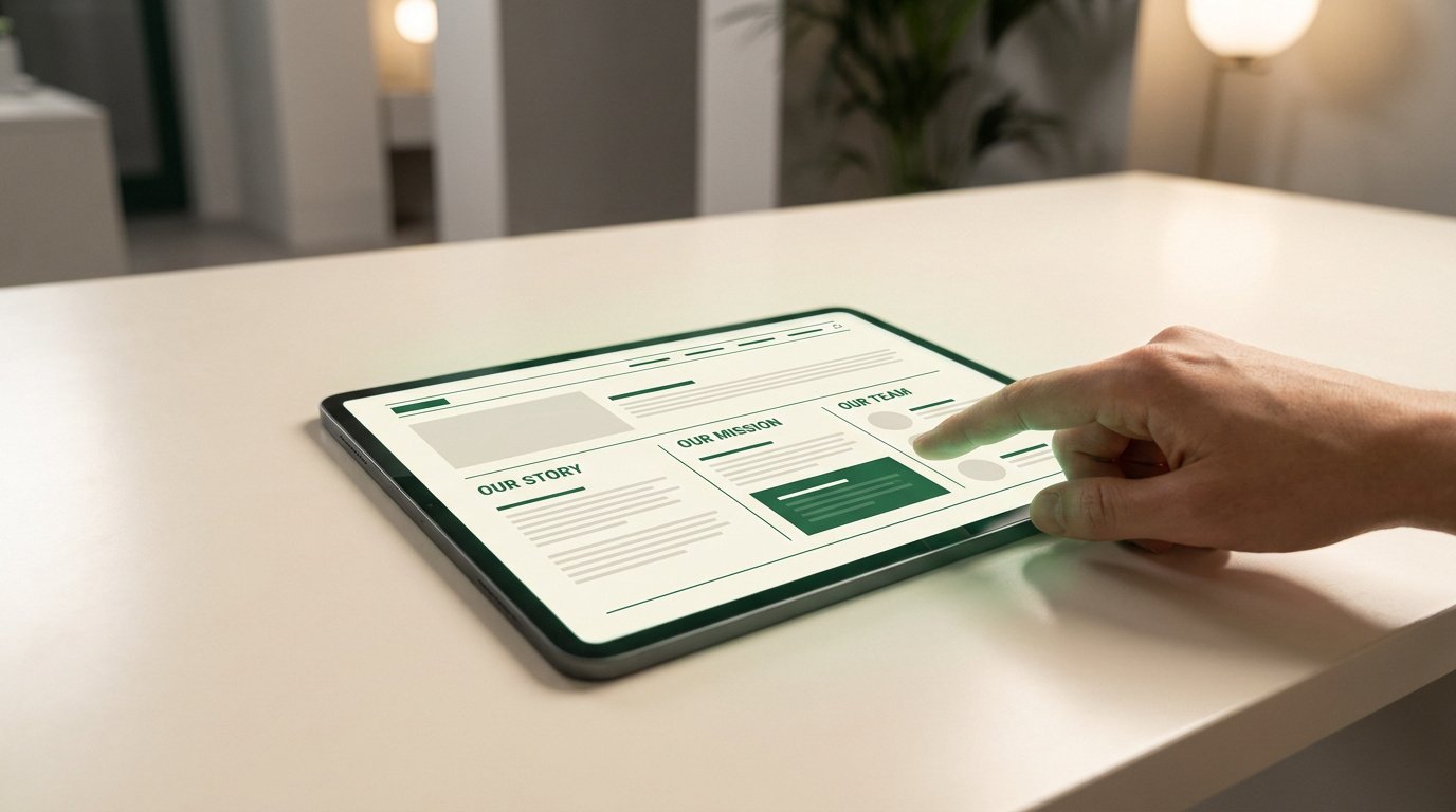 Main utilisant une tablette numérique pour naviguer sur la maquette d'une page web "À propos".