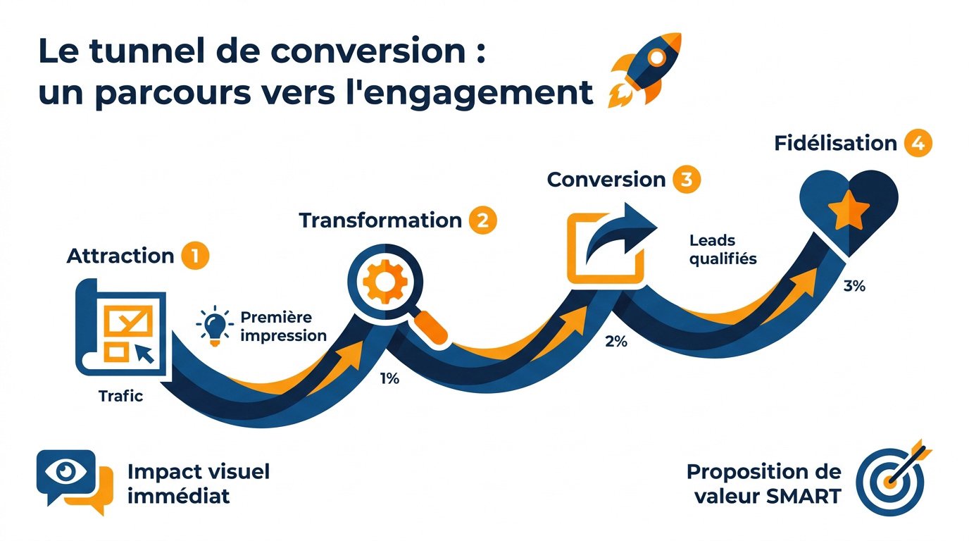 Schéma stratégique du tunnel de conversion pour un site vitrine orienté engagement prospect