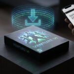 Une boîte de jeu vidéo avec une icône de téléchargement holographique au-dessus et un smartphone indiquant "Out of Stock".