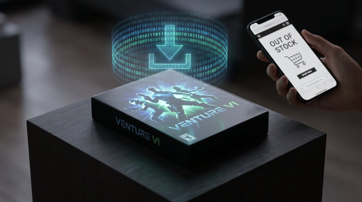 Une boîte de jeu vidéo avec une icône de téléchargement holographique au-dessus et un smartphone indiquant "Out of Stock".