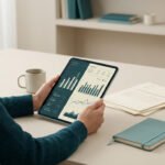 Une personne consulte des graphiques financiers sur une tablette numérique au bureau.