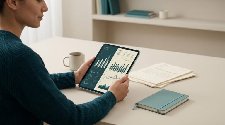 Une personne consulte des graphiques financiers sur une tablette numérique au bureau.