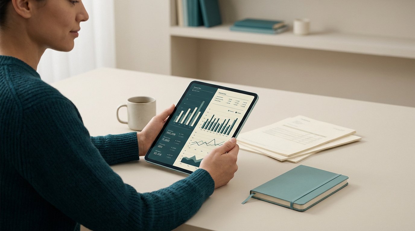 Une personne consulte des graphiques financiers sur une tablette numérique au bureau.
