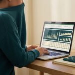 Une personne travaillant sur un ordinateur portable affichant un tableau financier avec une calculatrice sur un bureau.