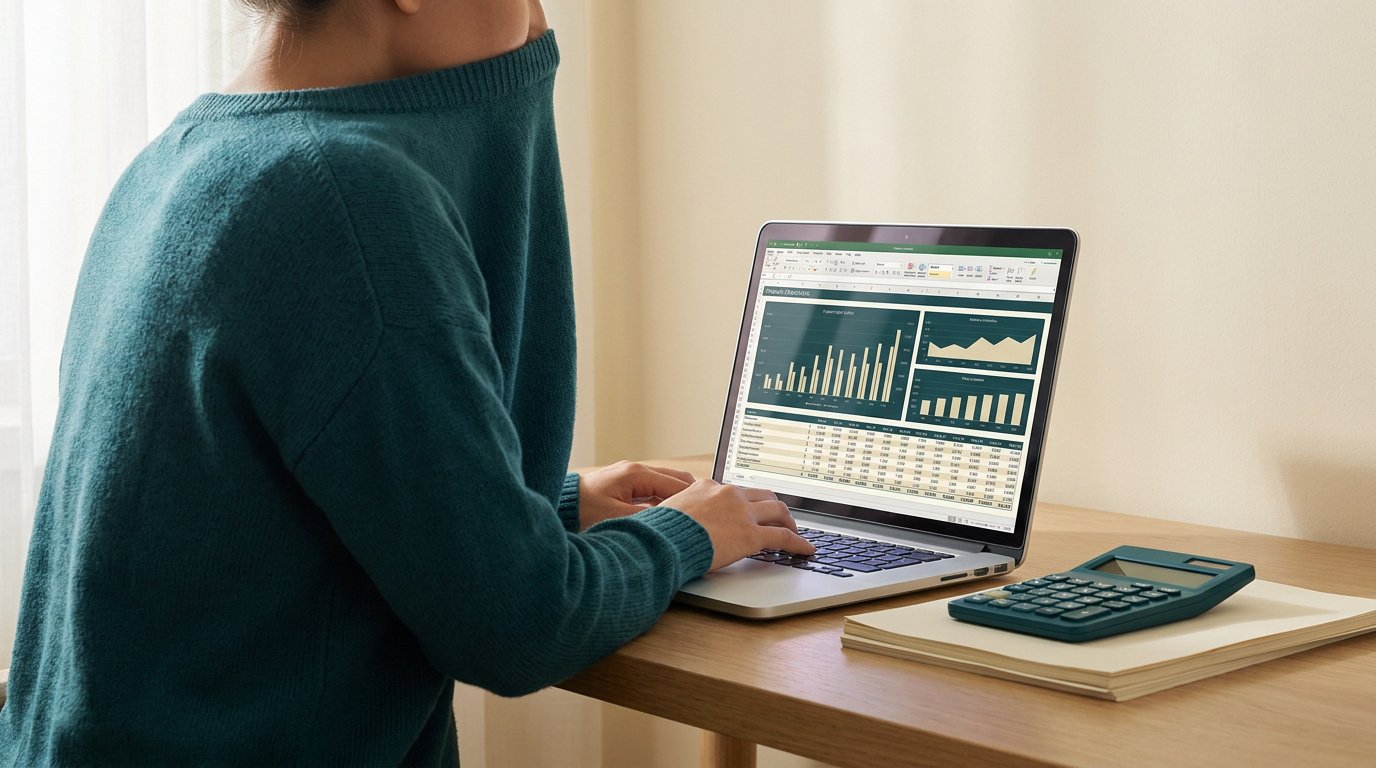 Une personne travaillant sur un ordinateur portable affichant un tableau financier avec une calculatrice sur un bureau.