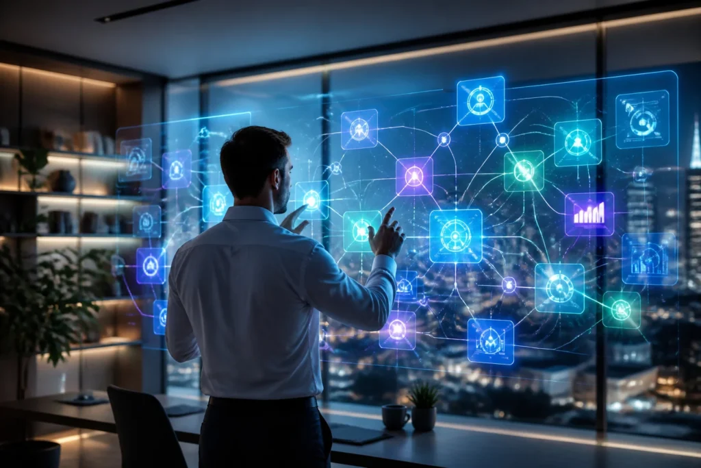 Interaction avec une interface holographique futuriste