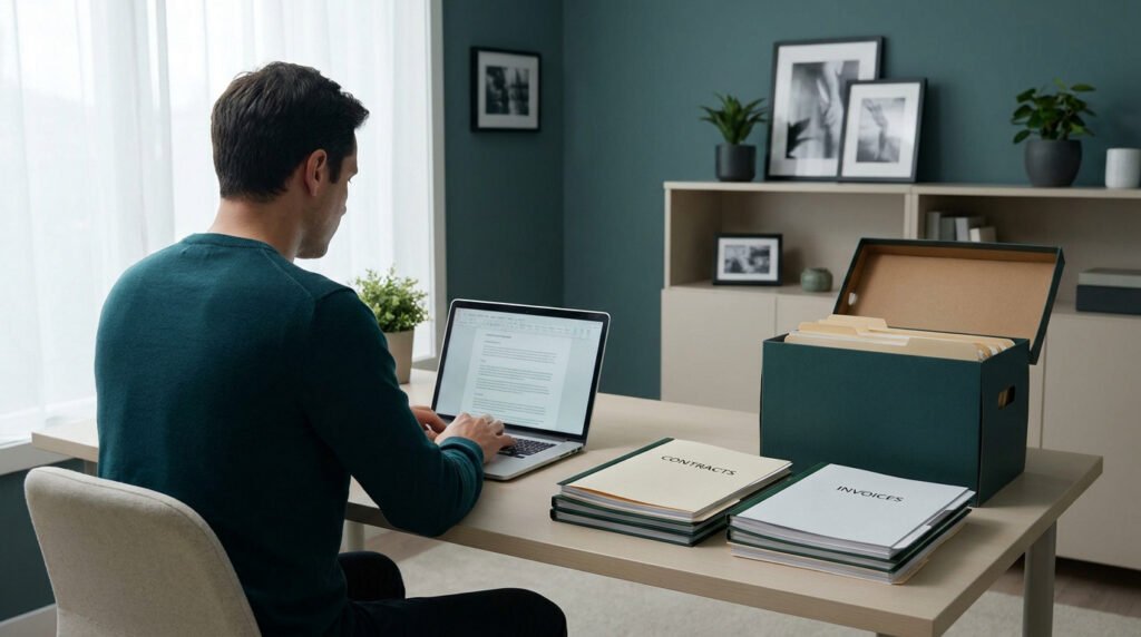 Un homme travaillant sur un ordinateur portable dans un bureau avec des dossiers étiquetés "Contracts" et "Invoices".