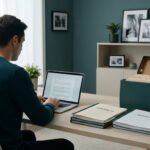 Un homme travaillant sur un ordinateur portable dans un bureau avec des dossiers étiquetés "Contracts" et "Invoices".