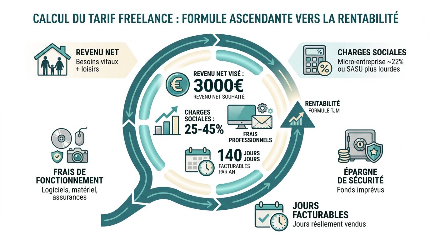 Schéma explicatif de la formule ascendante pour calculer son tarif freelance