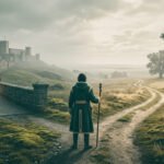 Un voyageur hésite à une bifurcation entre un pont vers un château et un sentier sauvage dans la nature.