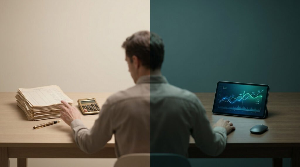 Un homme travaillant sur des documents papier à gauche et sur une tablette numérique avec des graphiques à droite.