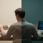 Un homme travaillant sur des documents papier à gauche et sur une tablette numérique avec des graphiques à droite.