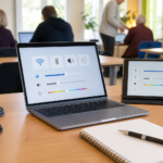 Ordinateur portable affichant une aide informatique claire avec carnet de notes à côté
