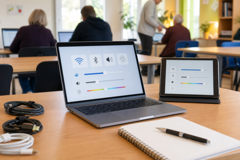 Ordinateur portable affichant une aide informatique claire avec carnet de notes à côté