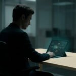 Un homme en costume travaille sur une tablette affichant un réseau numérique dans un bureau sombre et moderne.