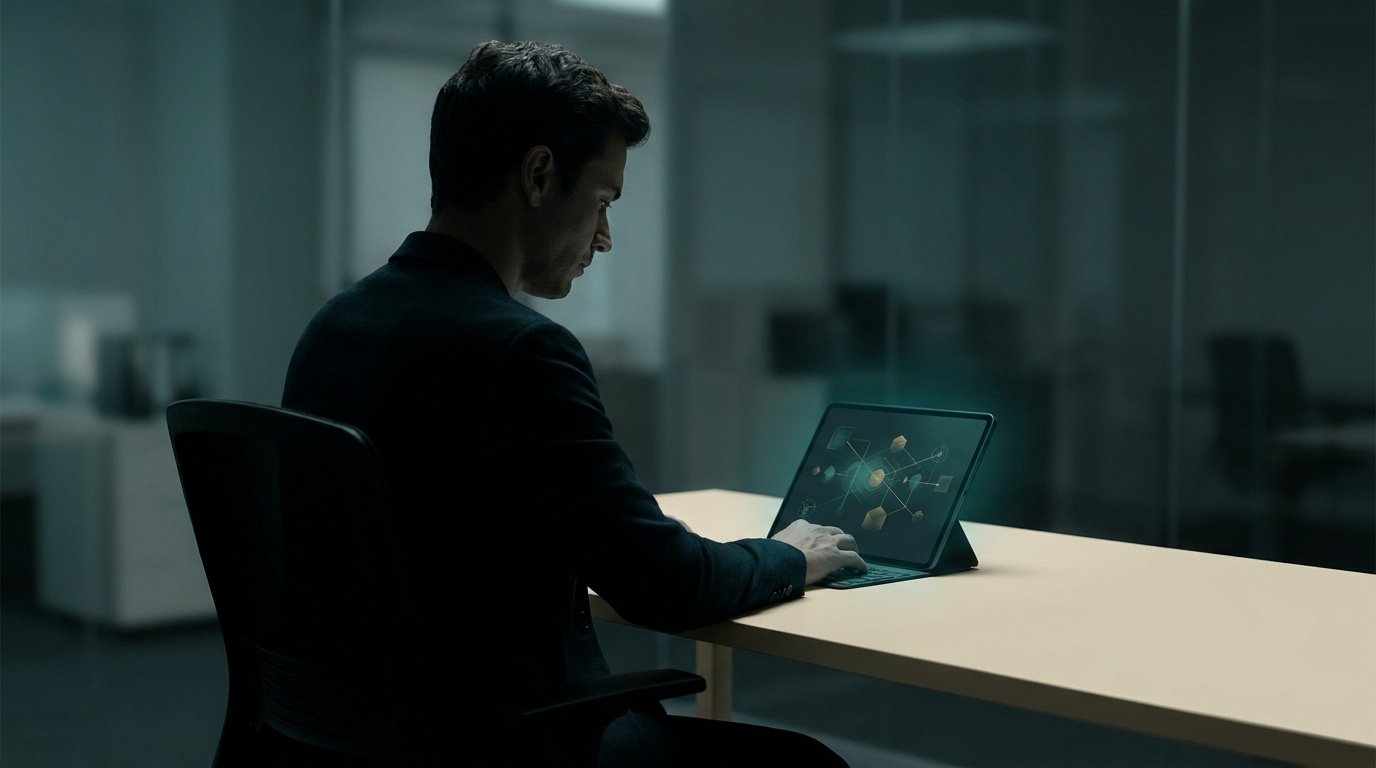 Un homme en costume travaille sur une tablette affichant un réseau numérique dans un bureau sombre et moderne.