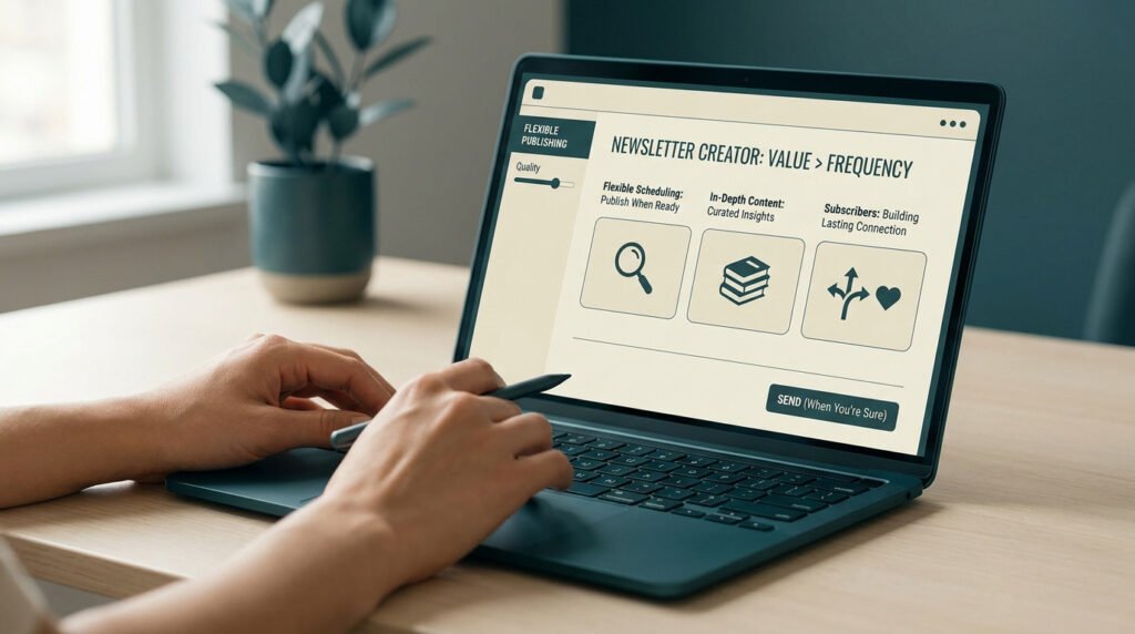 Une personne utilisant un ordinateur portable affichant une interface sur la création de newsletter flexible.
