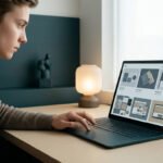 Un jeune homme travaillant sur son portfolio en ligne sur un ordinateur portable dans un bureau moderne et minimaliste.