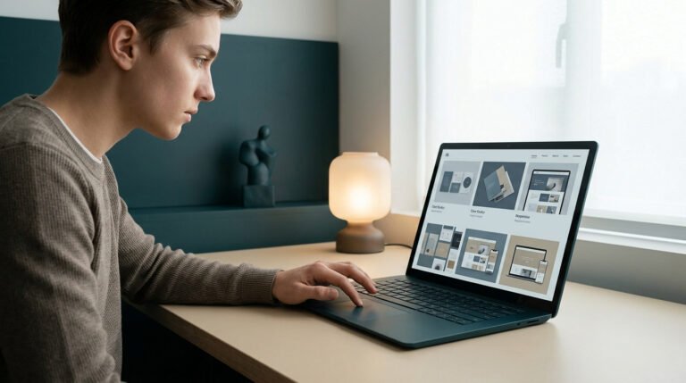 Un jeune homme travaillant sur son portfolio en ligne sur un ordinateur portable dans un bureau moderne et minimaliste.