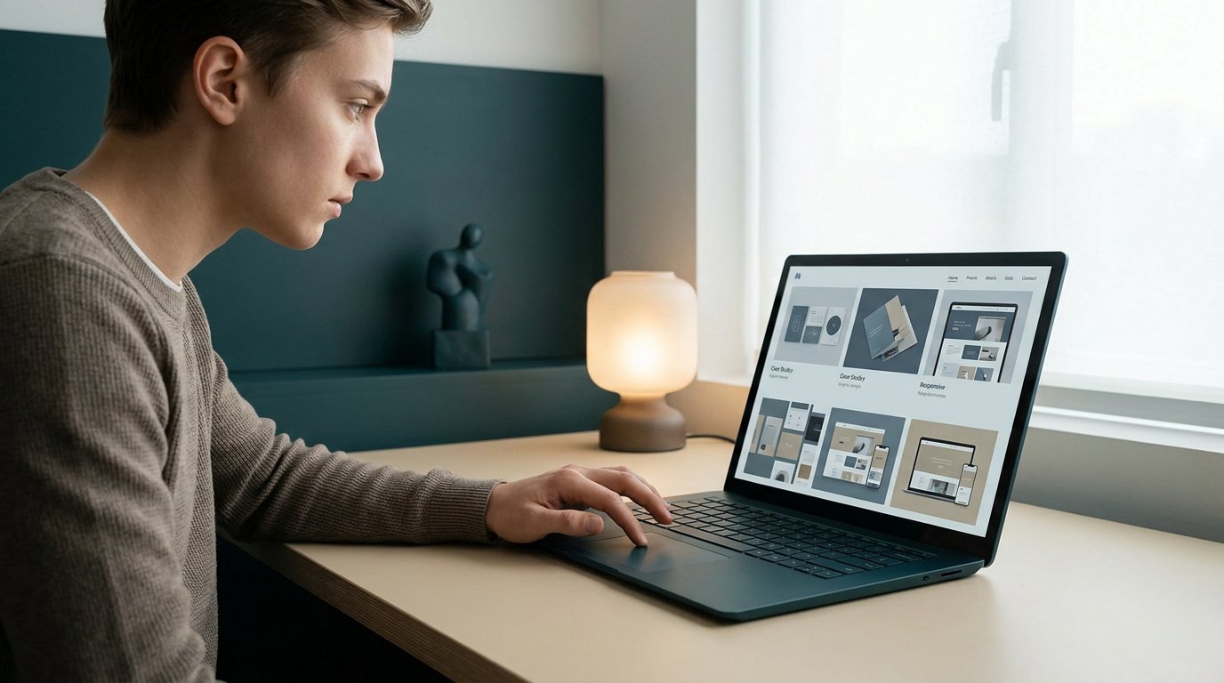 Un jeune homme travaillant sur son portfolio en ligne sur un ordinateur portable dans un bureau moderne et minimaliste.