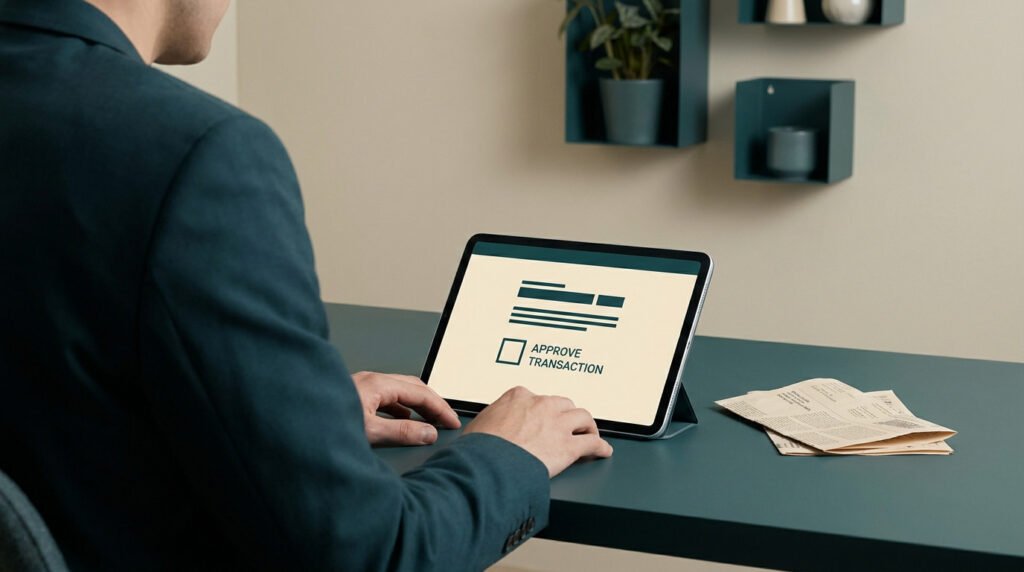 Un professionnel devant une tablette affichant une case à cocher pour approuver une transaction administrative.