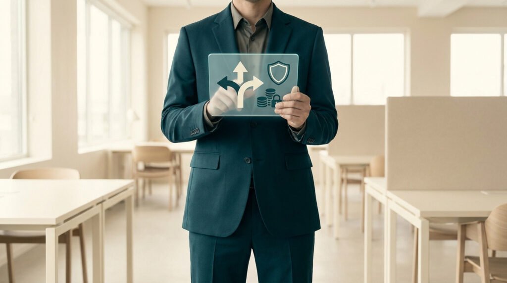 Un homme en costume tient une interface holographique affichant des symboles de protection et de finances.