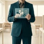 Un homme en costume tient une interface holographique affichant des symboles de protection et de finances.