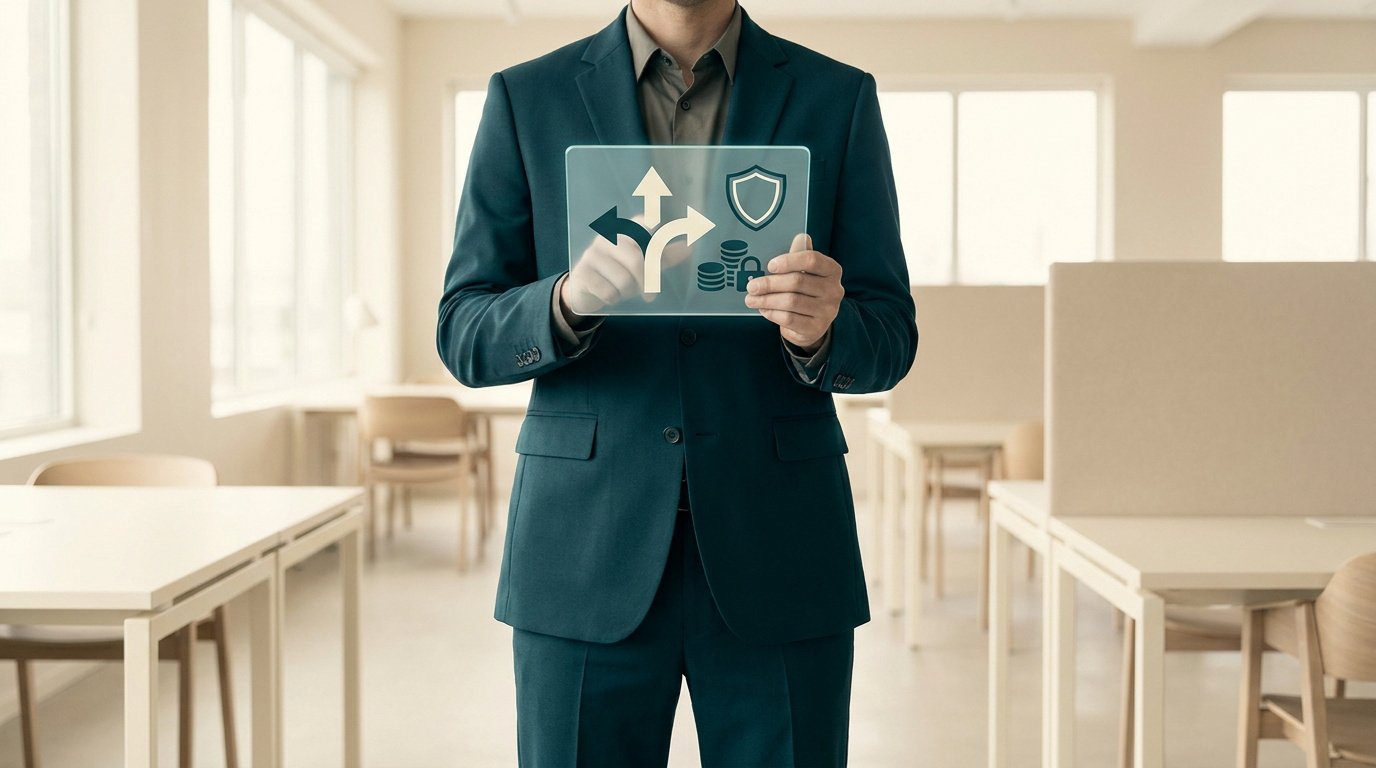 Un homme en costume tient une interface holographique affichant des symboles de protection et de finances.