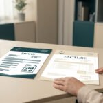 Une personne sur un bureau avec un document marqué "Devis" et un autre marqué "Facture" côte à côte.