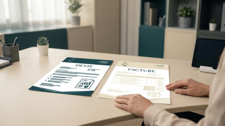 Une personne sur un bureau avec un document marqué "Devis" et un autre marqué "Facture" côte à côte.