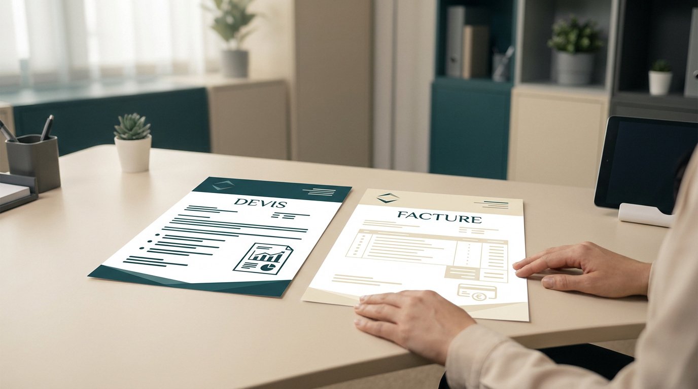 Une personne sur un bureau avec un document marqué "Devis" et un autre marqué "Facture" côte à côte.