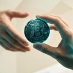 Une main en costume transmet une pièce de Bitcoin numérique brillante à une autre main sur fond abstrait.