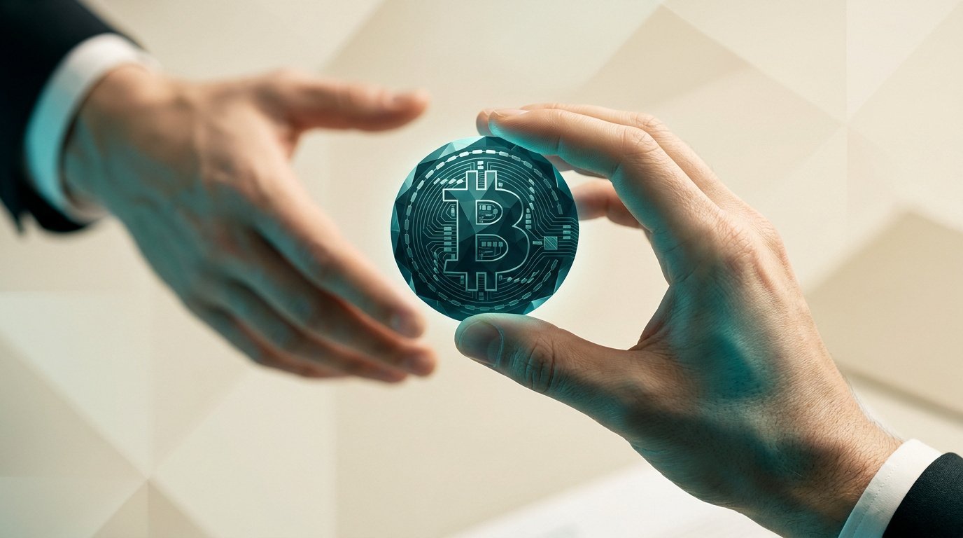 Une main en costume transmet une pièce de Bitcoin numérique brillante à une autre main sur fond abstrait.