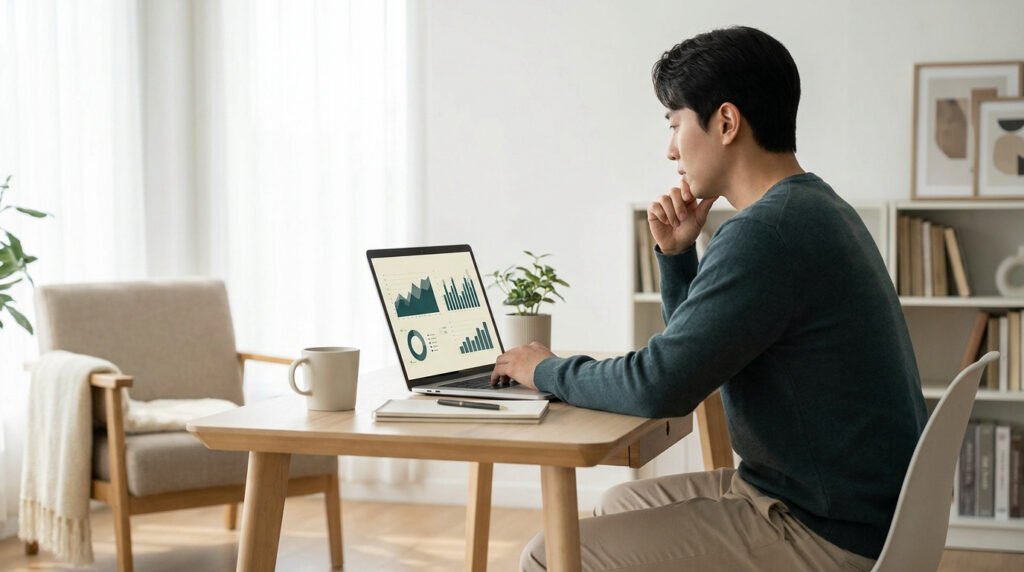 Un entrepreneur travaillant sur son ordinateur portable affichant des graphiques dans un salon moderne.