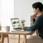 Un entrepreneur travaillant sur son ordinateur portable affichant des graphiques dans un salon moderne.
