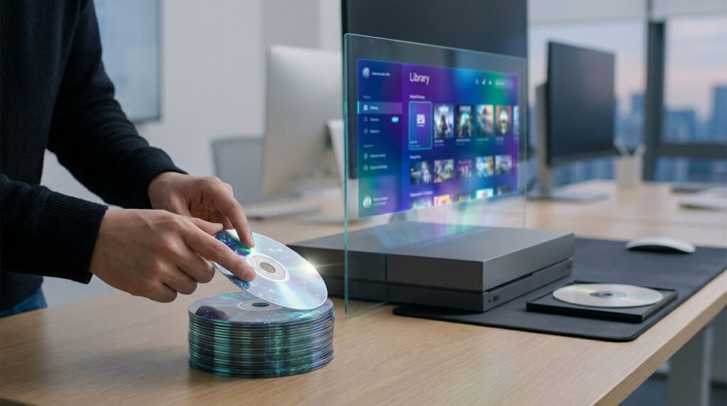 Une personne place un CD sur une pile devant un écran holographique affichant une bibliothèque de jeux vidéo.