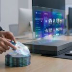 Une personne place un CD sur une pile devant un écran holographique affichant une bibliothèque de jeux vidéo.