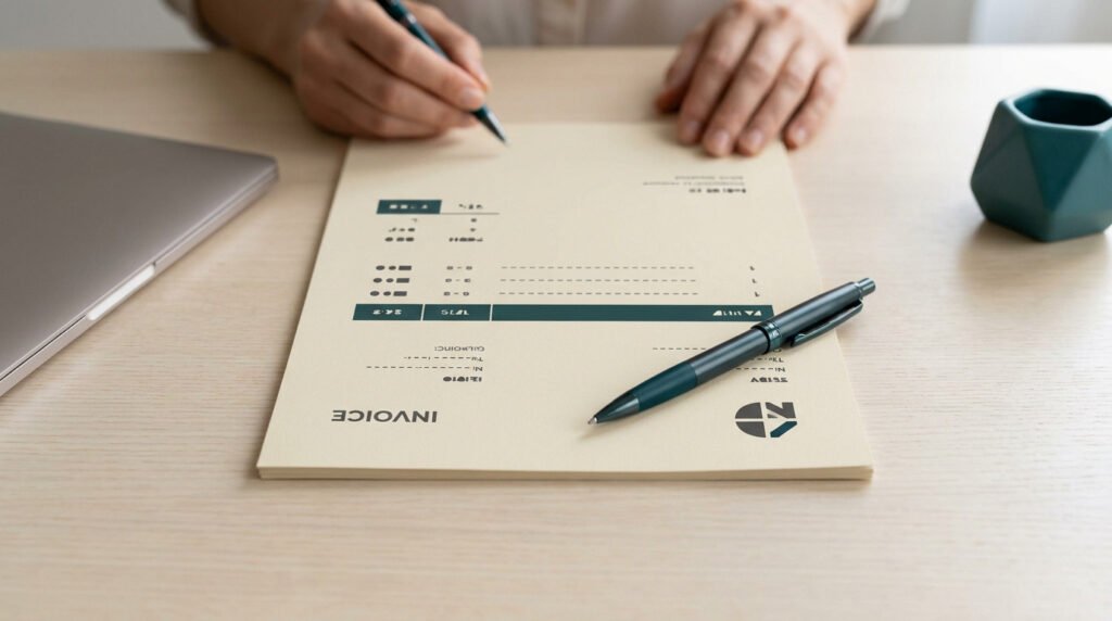 Une personne remplissant une facture sur un bureau en bois avec un ordinateur portable et un stylo.