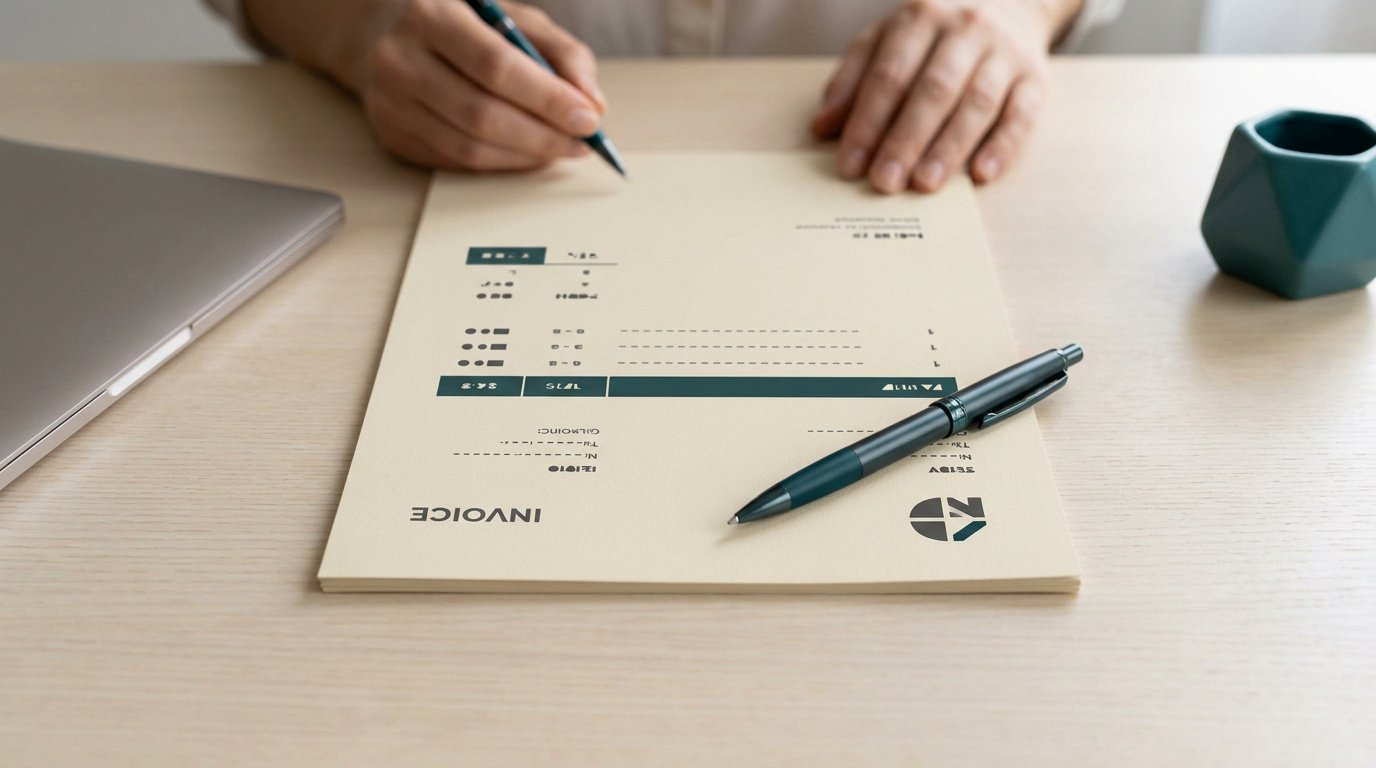 Une personne remplissant une facture sur un bureau en bois avec un ordinateur portable et un stylo.