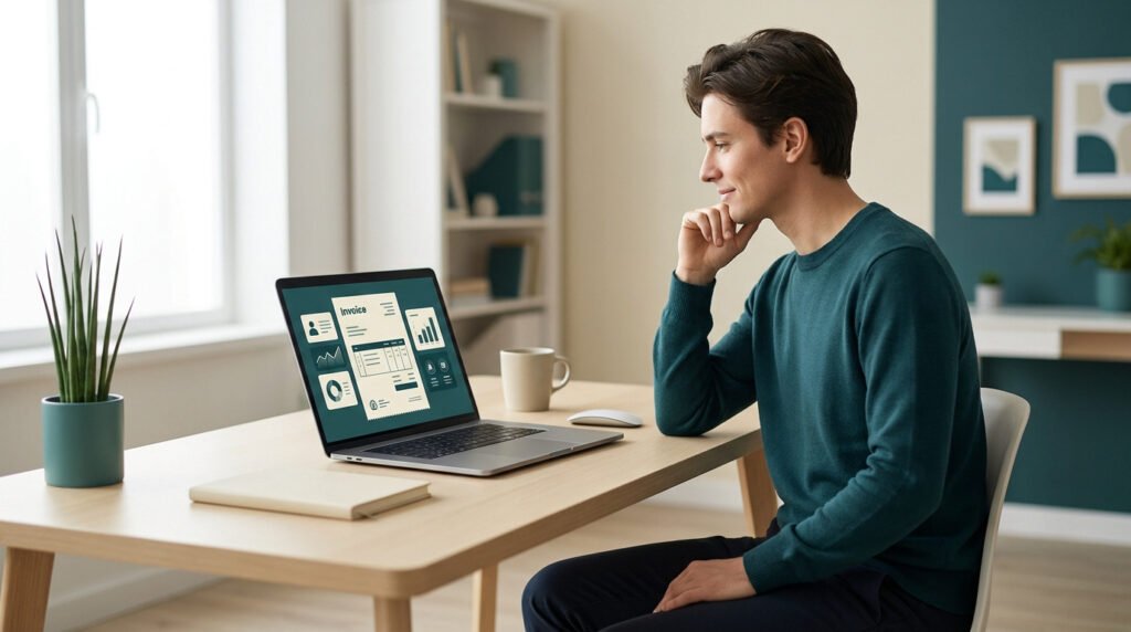 Un jeune homme travaillant sur son ordinateur portable affichant un tableau de bord de facturation dans un bureau moderne.