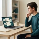 Un jeune homme travaillant sur son ordinateur portable affichant un tableau de bord de facturation dans un bureau moderne.