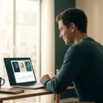 Un homme travaillant sur un ordinateur portable affichant des graphiques dans un bureau à domicile lumineux.