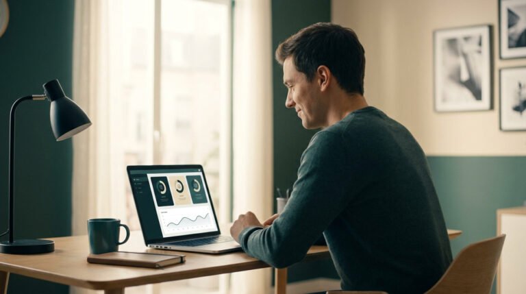Un homme travaillant sur un ordinateur portable affichant des graphiques dans un bureau à domicile lumineux.