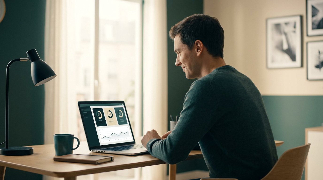 Un homme travaillant sur un ordinateur portable affichant des graphiques dans un bureau à domicile lumineux.
