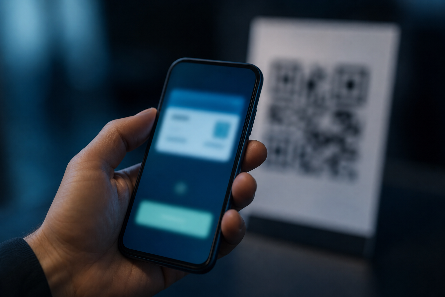 Téléphone et QR code flouté dans une scène de cybersécurité