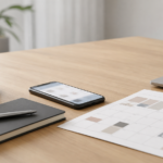 Bureau moderne avec smartphone et calendrier éditorial